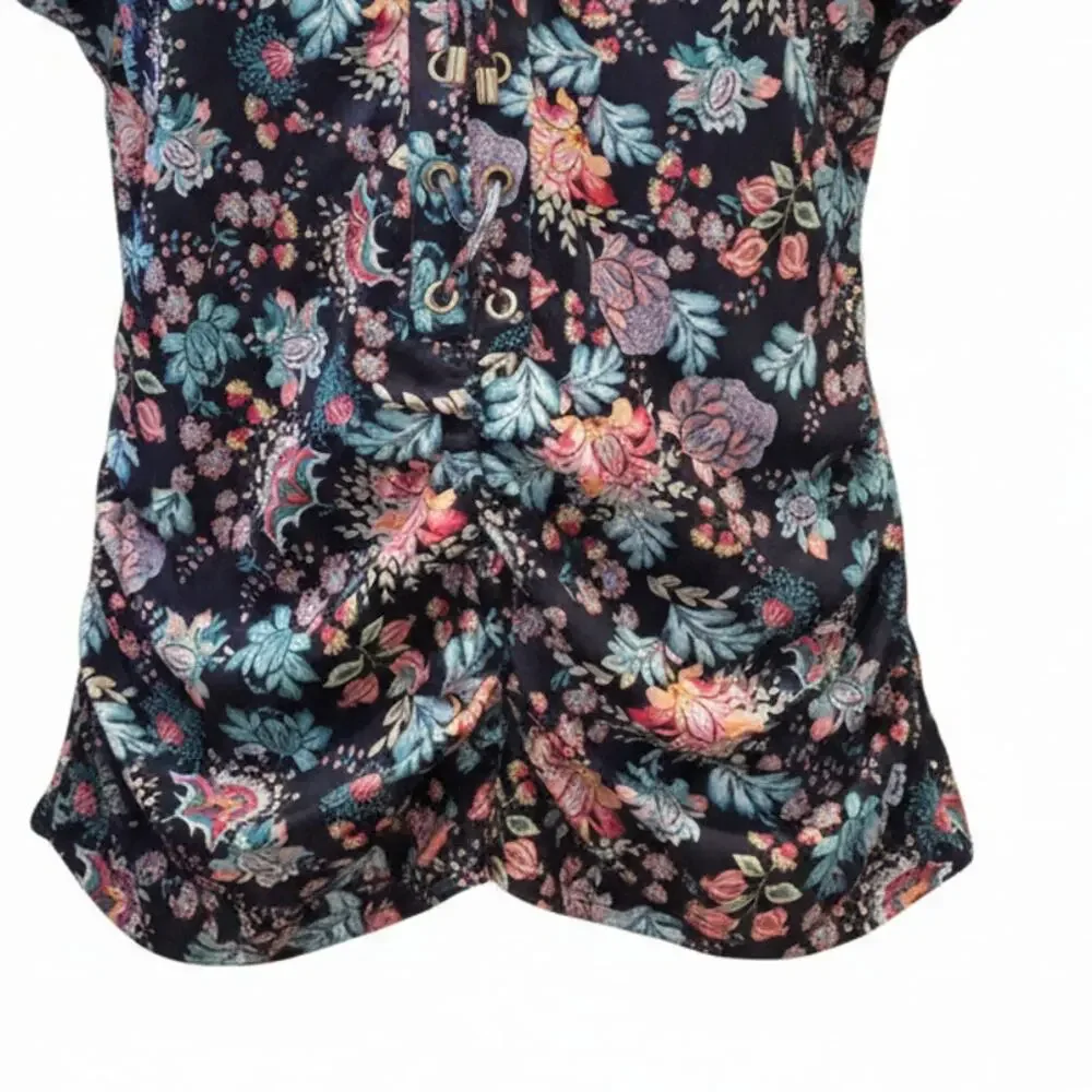 Thomas & Olivia Boho Multicolor Floral Ruched V-Neck Lace-Up Top NWOT  Medium